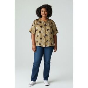 Vintage Maggie Barnes Metallic Floral Boxy Blouse 28W Gold Bronze